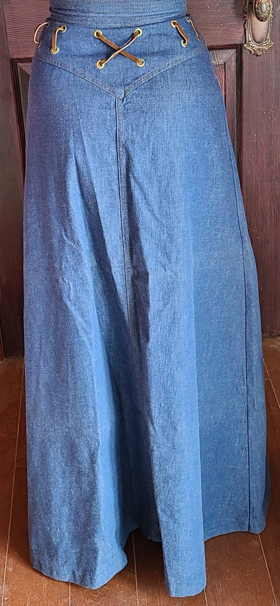 Vintage Long Jean Skirt with Leather Embellishmen… - image 1