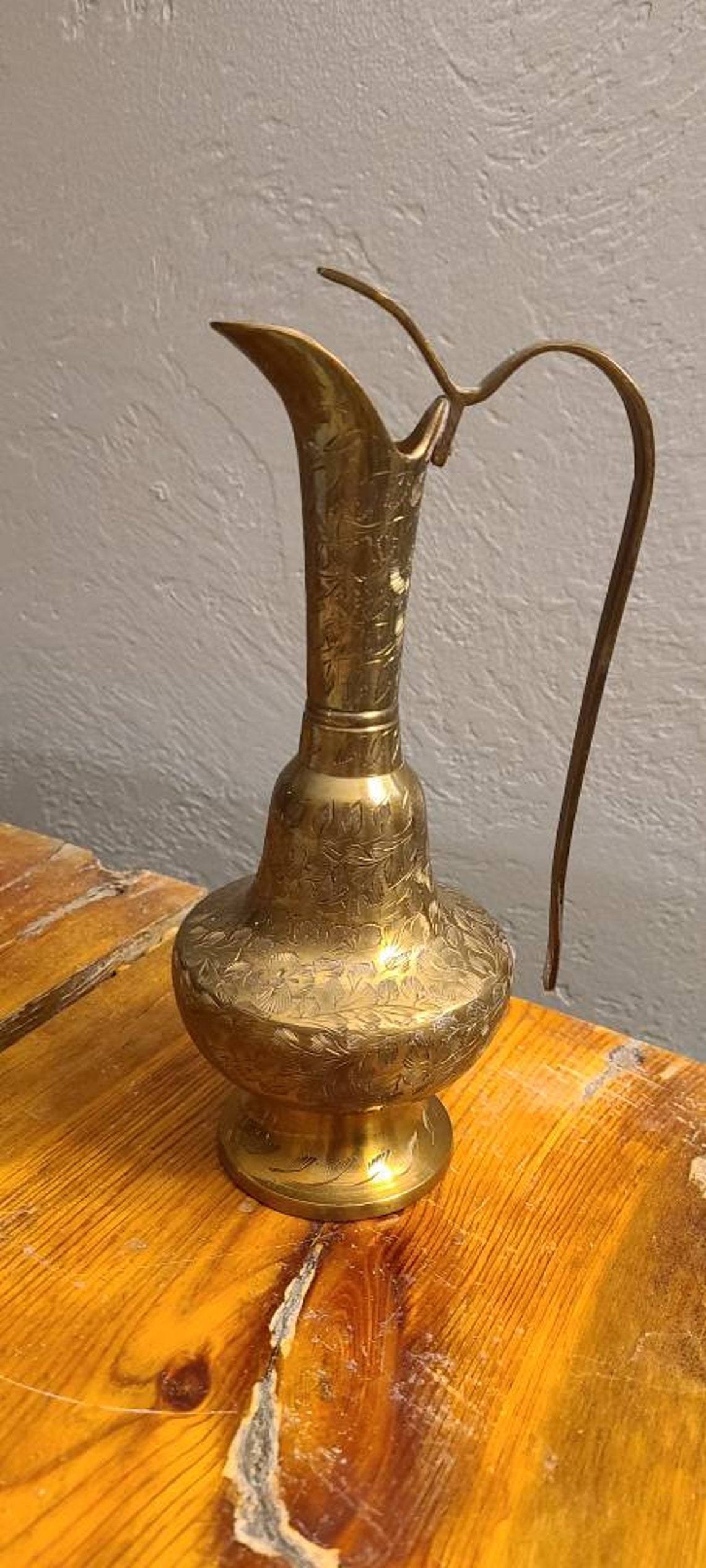 Vintage Brass Pitcher Made in India With Leaf Etching. Etsy