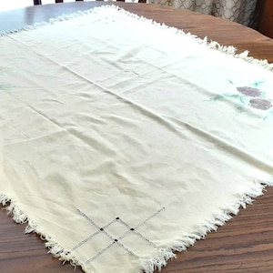 Vintage Lightweight Cotton Fabric Table Cloth with Pinecones on the two corners, and pulled thread work on the other corners.