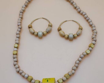 Vintage Wooden Bead Necklace and Earring Set