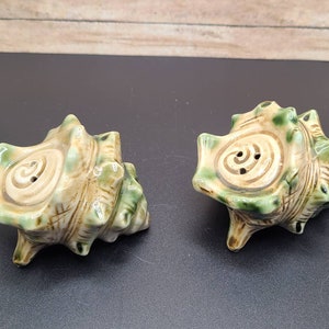 May include: Two ceramic seashell salt and pepper shakers. The shakers are glazed in shades of brown, green, and white. The shakers have a hole in the top for dispensing salt and pepper.