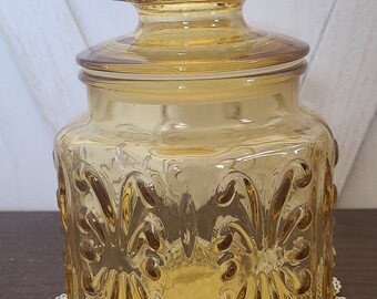 Vintage Atterburry Scroll Amber Glass Canister