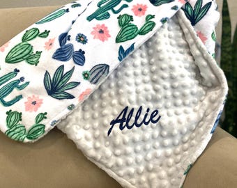 Girl baby blanket / floral baby blanket / cactus / Minky baby blanket/ gray dotted Minky / embroidered / personalized baby blanket /
