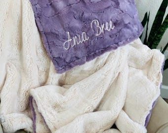 Minky Blanket in pearl bunny and elderberry hide Minky fabric