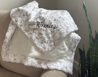 Luxe personalized Minky and Soft gauze cotton baby blanket