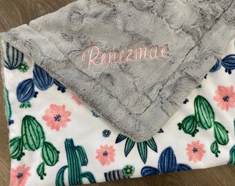 Girl baby blanket / floral baby blanket / cactus / Minky baby blanket/ newborn essential / embroidered / personalized baby blanket /