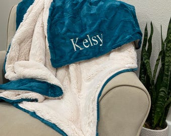 Minky blanket in pearl bunny and Mallard hide fabric