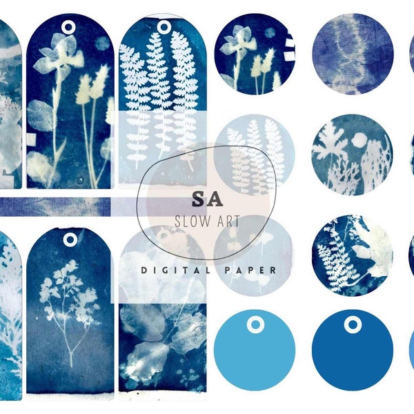 Botanical cyanotype print. Tickets download digital, Ephemera junk journal. Printable sticker sheet, tags, circles. Cyan blue. embellishmet