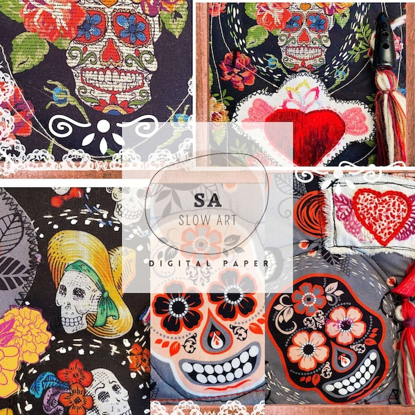 Calaveras junk Journal Cards. Colorful sugar skulls. Dia de muertos. Printable Digital, cards, ATC. Embroidered, slow stitch, flower, heart