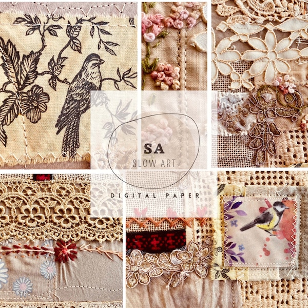 Bird embroidered junk journal kit, printable, romantic, neutral sepia colors, vintage inspiration, Digital Paper, Scrapbook, Collage textile