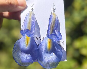 Real Iris Petal Earrings, February Birth Flower Gift, Purple Flower Dangle Earrings, Preserved Botanical Jewelry, Nature Lover Jewelry