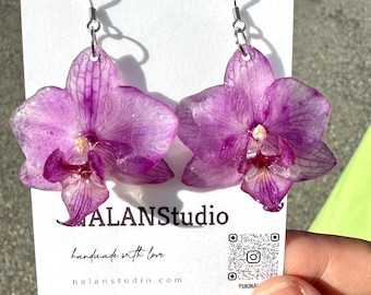Real Dried Purple Orchid Earrings: Hypoallergenic Steel, Resin Jewelry