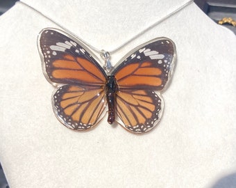 Real Monarch Butterfly Necklace: Handmade Resin Jewelry (18 inch)