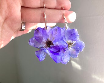 Delphiniums Earring /pressed flowers/best friend gifts/birthday flower/real flower in the resin/birth flower for July/free shipping