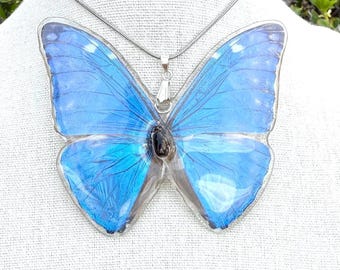 Real Morpho Butterfly Resin Necklace, Handmade Jewelry