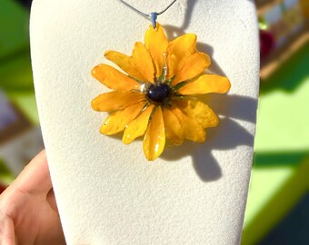 Real sunflower Necklace, Black eye Susan Resin Floral Pendant, Stainless Steel