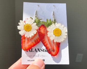 Real Strawberry Resin Earrings: Floral Jewelry, Hypoallergenic Steel