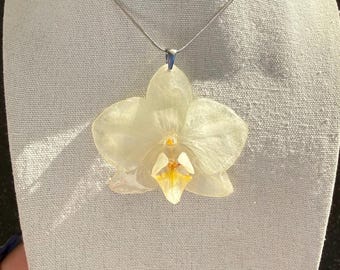 Real white Orchid Necklace, Resin Floral Pendant, Stainless Steel