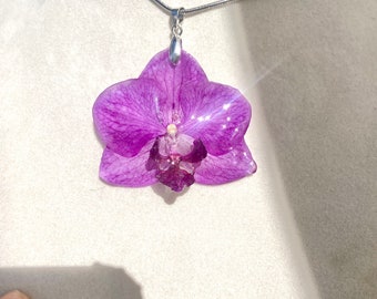 Real Purple Orchid Necklace, Preserved Flower Resin Pendant, Botanical Statement Jewelry