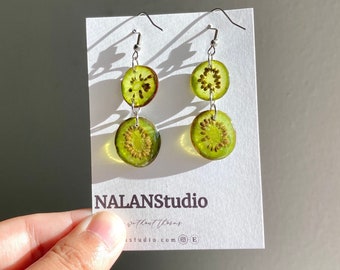 Real Kiwi Fruit Resin Earrings: Handmade Hypoallergenic Steel Hook