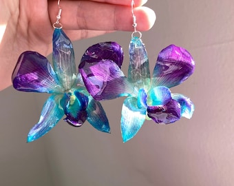 Real Blue Orchid Earrings, Pressed Flower Earrings, Real Flower Jewelry, Resin Floral Earrings, Sterling Silver, Gift for Her