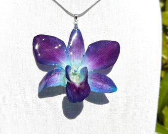 Real Blue Orchid Necklace, Real Flower Resin Pendant, Stainless Steel Botanical Jewelry