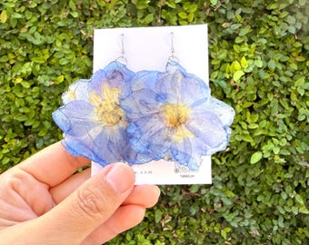 Real Pressed Delphinium Earrings | July Birth Flower Jewelry | Handmade Botanical Earrings | Blue Flower Gift for Her | Resin Earrings