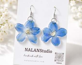 Real Delphinium Flower Earrings, Pressed Flower Jewelry, July Birth Flower Gift, Blue Floral Earrings, Botanical Earrings, Bridesmaid Gift