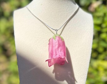 Real Bellflower Necklace, Preserved Pink or White Flower Pendant, Resin Botanical Jewelry, Silver Stainless Steel Chain, Gift for Her