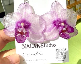Real Orchid Earrings, Purple Flower Statement Earrings, Handmade Resin Wedding Jewelry