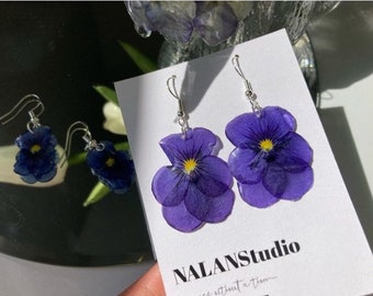 Echte Stiefmütterchen Ohrringe, Harz Blumen Schmuck, hypoallergen Stahl