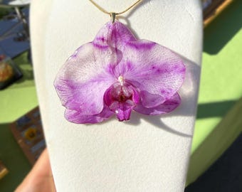 Real large purple Orchid Necklace, Resin Floral Pendant, Stainless Steel