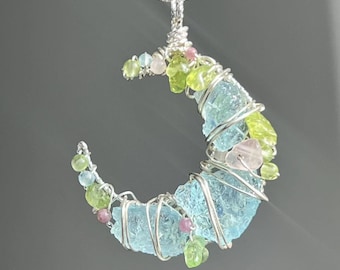 Aquamarine Moon Silver Necklace, Handmade Necklace, Peridot, Silver Plated Necklace, White Crystal,