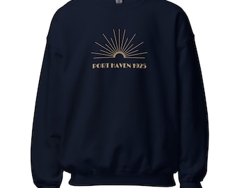 Port Haven 1925 Art Deco Sweatshirt | Roaring Twenties Sunburst Crewneck | Vintage Deco Design | Cozy Fan Gift for Time Travel TV Fans
