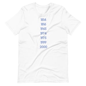 May include: White t-shirt with blue text that reads "1814, 1816, 1965, 1974, 1975, 1999, 2000".