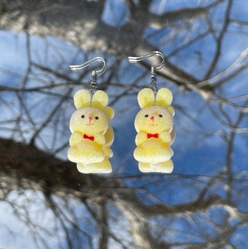 Funky Fuzzy Soft Cute Easter Bunny Earrings With Bowtie