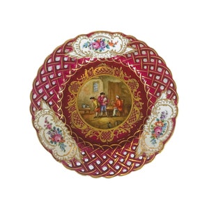 Rare find Antique hand painted red German Dresden pierced porcelain Reticulated wall hung decorative plate 9.25”, collectible Dresden plate.