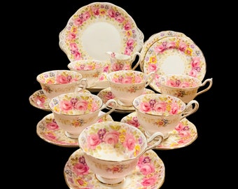 Gorgeous vintage 23-PC Royal Albert Serena No 839329  afternoon tea set bone china England. Cups and saucers cake plate cream sugar