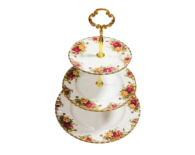 Royal Albert” Old Country Rose “ three tiered cake stand bone china England, gorgeous afternoon tea gift, mint condition,