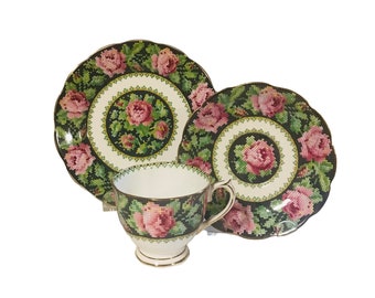 Vintage Trio Royal Albert Crown China “Needle Point “ tea set England, black with pink roses and green leaves, beautiful trio gift.