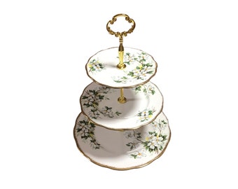 Three tiered Royal Albert White Dogwood cake stand 135” high bone china England, gorgeous afternoon tea gift.