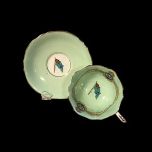 Rare Paragon Double Warrant Patriot Series tea cup and saucer WW 2 1940’ RCAF with interior light green wide mouth footed cup England.