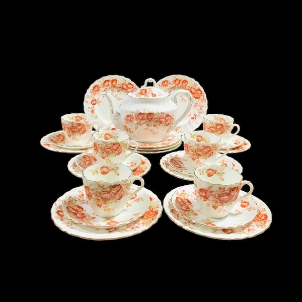 Antique 25-pieces Tuscan China KAY and Co England tea set for 6 with orange rose and gold trim (1890-1910), collectible antique tea set.