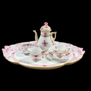 Gorgeous 7 pc Hand Painted Herend Hungary raspberry pink large bow ribbon tray with coffee/ tea pot set and demitasse cup and saucer