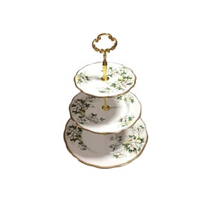 Three tiered Royal Albert White Dogwood cake stand 13 1/2” high bone china England, gorgeous afternoon tea gift.