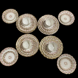 French Limoges elite bridal wreath purple pink little flowers tea set, dinner lunch dessert side plates, bowls, cups and saucers, individual