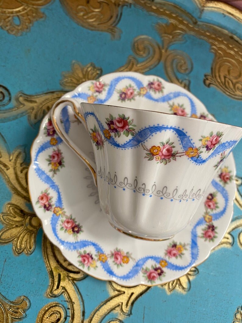 Gladstone Blue Ribbon Tea Cup and Saucer With Swag Flowers Etsy