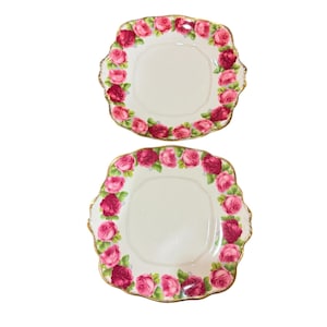 Royal Albert Old English Rose Two Cake Plates 9 1/2” W bone china vintage England , cabbage pink rose with gold trim.