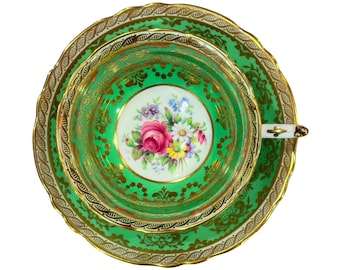 Paragon tea cup and saucer set green with flower and gold details bone china vintage England.