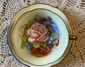 Vintage HandPainted made in occupied Japan aynsley Bailey pattern tea cup and saucer with gold exterior and large pink cabbage rose centre